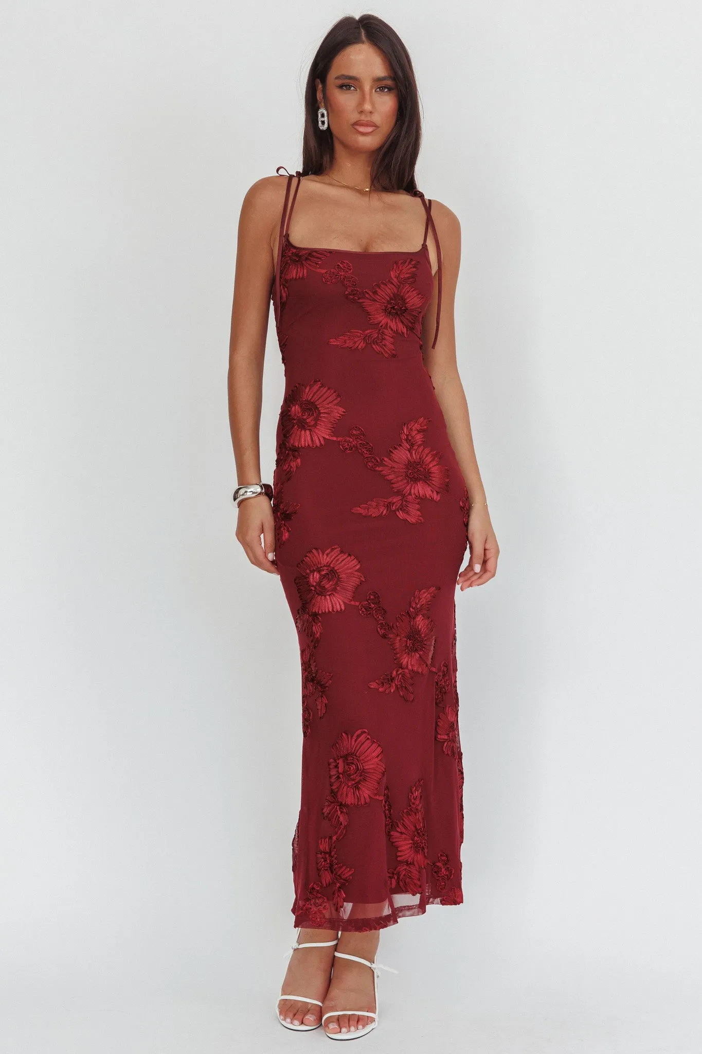 Kaela Tied Shoulder Maxi Dress Embellished Wine sold by Selfie Leslie