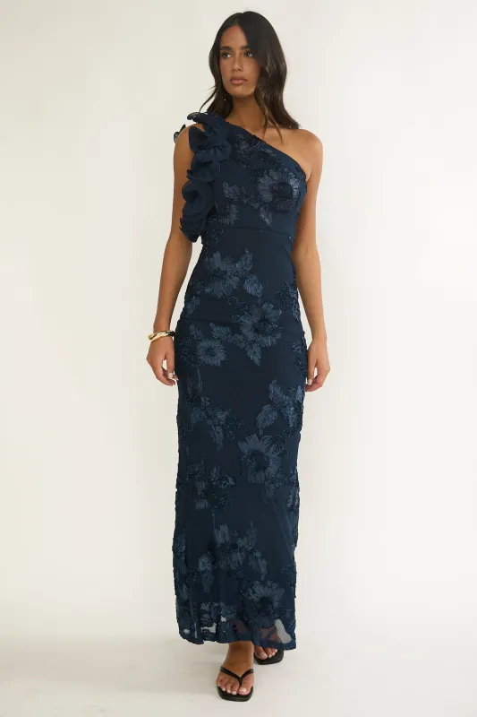 Deanna One-Shoulder Ruffle Maxi Dress Floral Navy sold by Selfie Leslie