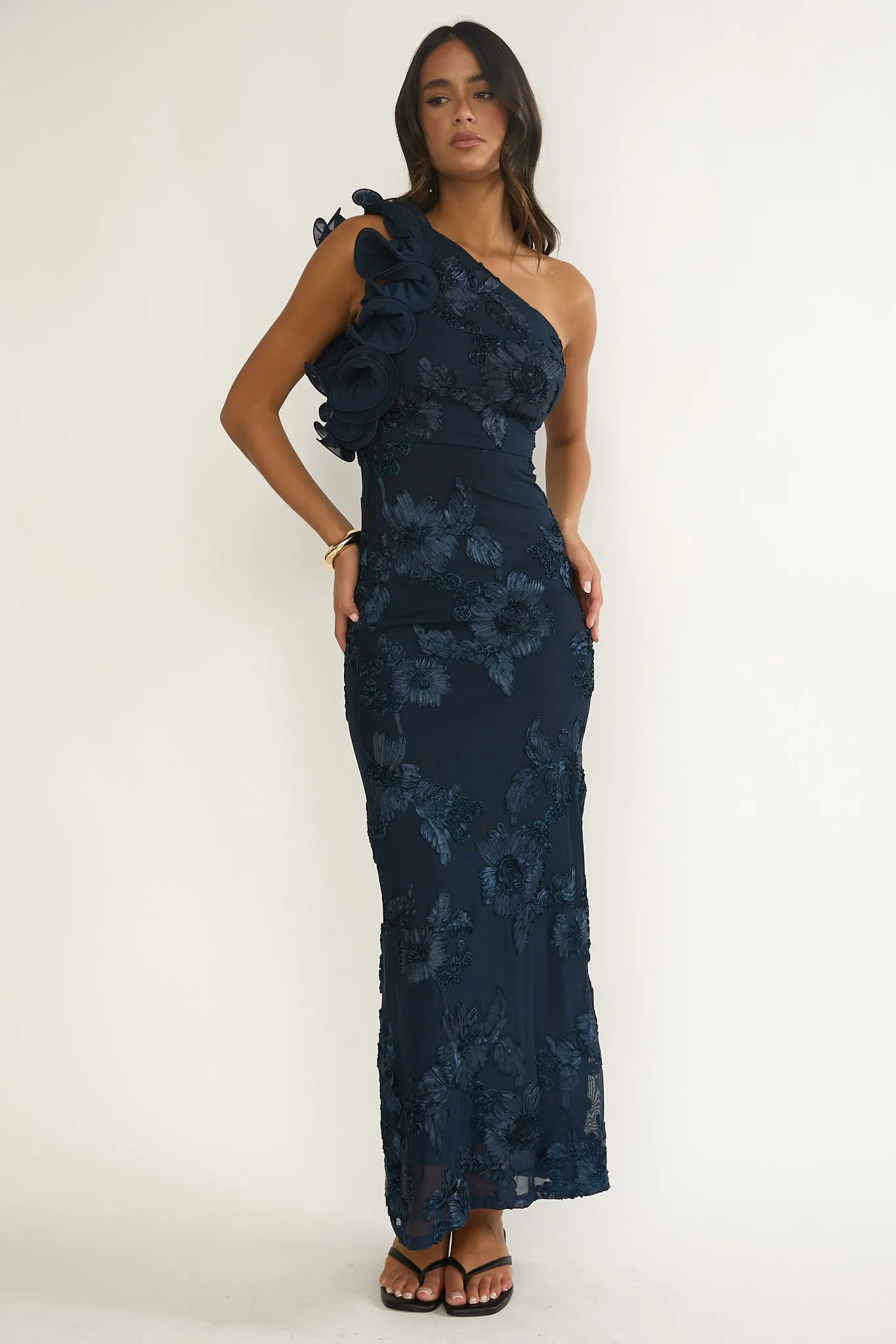 Deanna One-Shoulder Ruffle Maxi Dress Floral Navy sold by Selfie Leslie product image thumbnail 4