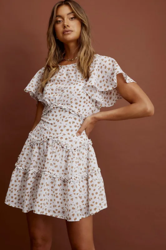 Tres Chic Flutter Sleeve Frill Trim Dress Spotted White sold by Selfie Leslie