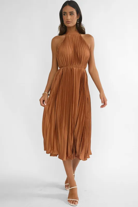 Sharaya Accordion Pleat Midi Dress Mocha sold by Selfie Leslie