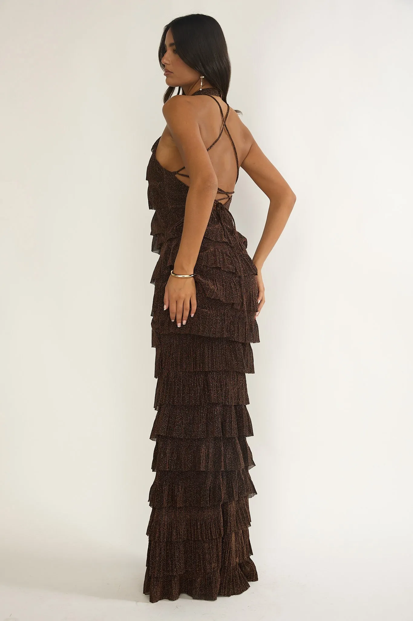 Kaelia Tiered Halter Maxi Dress Sparkle Brown sold by Selfie Leslie product image thumbnail 4