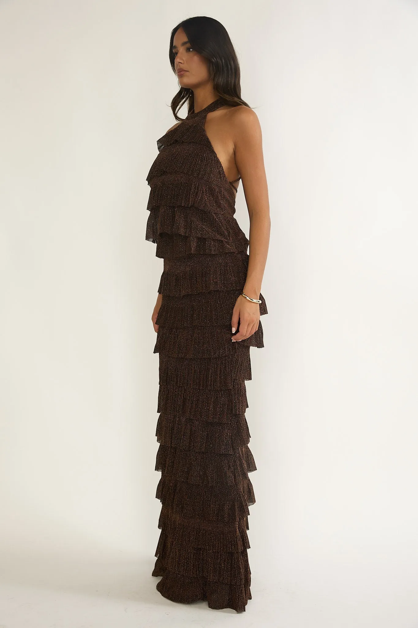 Kaelia Tiered Halter Maxi Dress Sparkle Brown sold by Selfie Leslie product image thumbnail 2