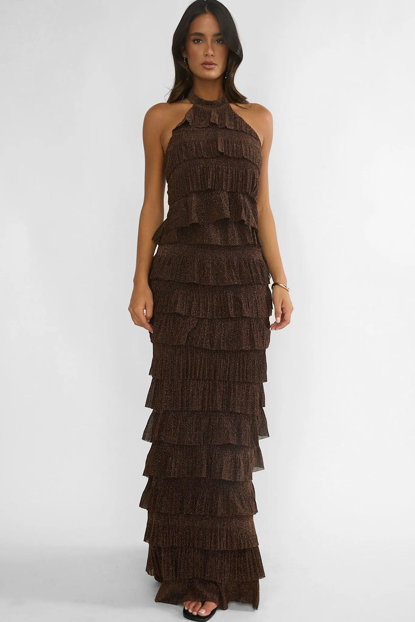 Kaelia Tiered Halter Maxi Dress Sparkle Brown sold by Selfie Leslie
