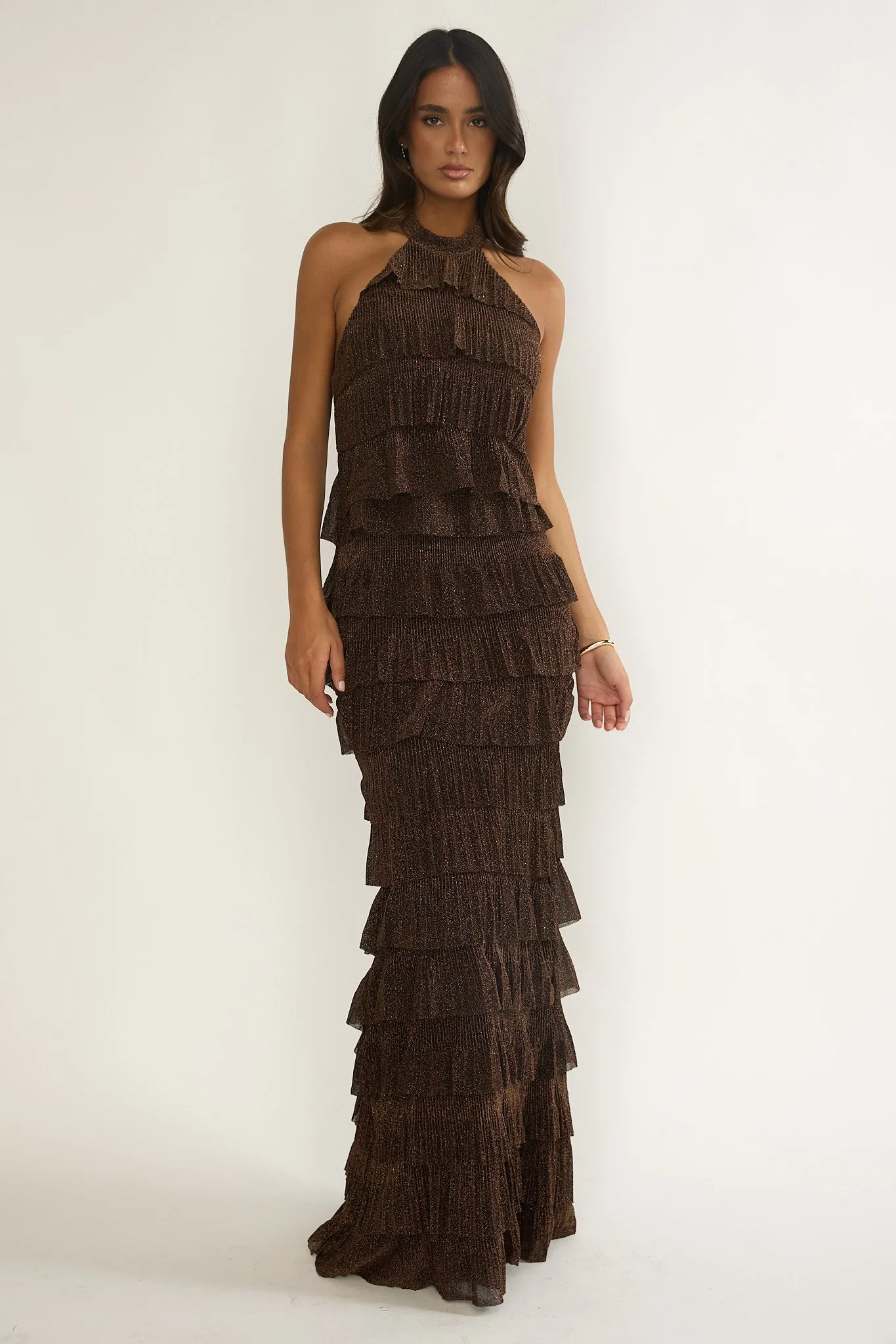 Kaelia Tiered Halter Maxi Dress Sparkle Brown sold by Selfie Leslie product image thumbnail 3