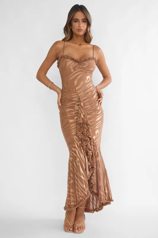 Everine Ruched Frill Trim Maxi Dress Mocha sold by Selfie Leslie
