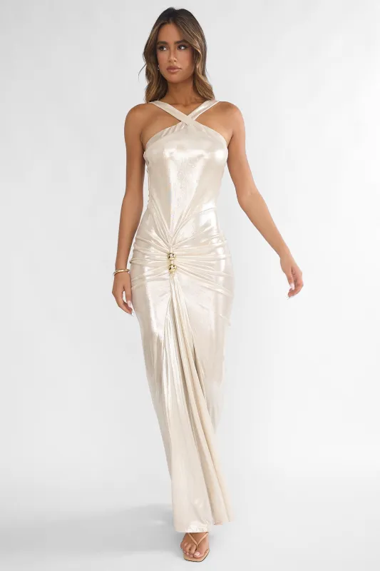 Delaina Ruched Waist Gold Accent Maxi Dress Pearl sold by Selfie Leslie