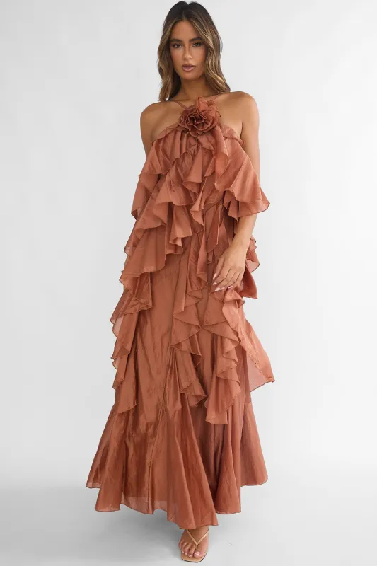 Secret Rendezvous Layered Ruffle Maxi Dress Rust sold by Selfie Leslie