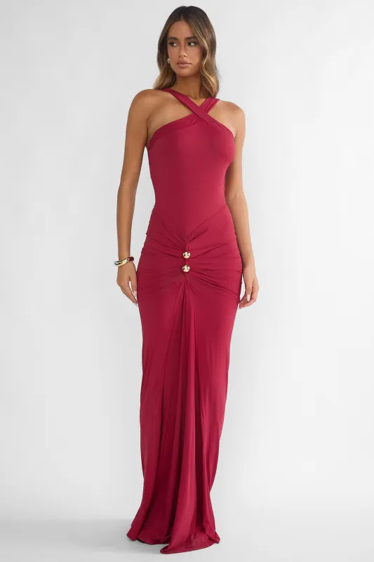Delaina Ruched Waist Gold Accent Maxi Dress Wine sold by Selfie Leslie