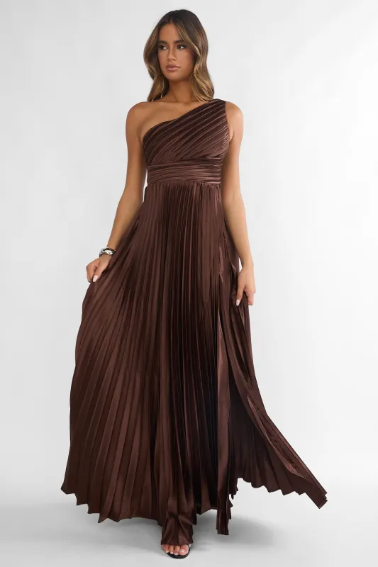 Goddess Aura Pleated Maxi Dress Chocolate sold by Selfie Leslie