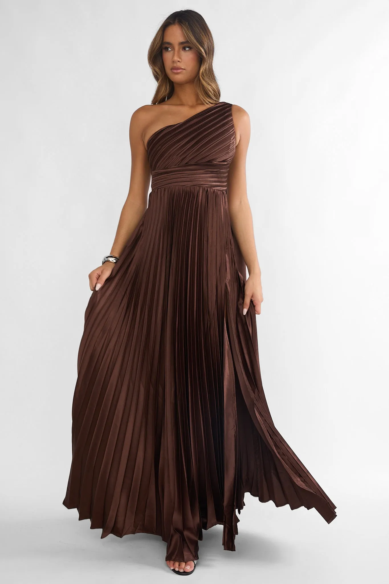 Goddess Aura Pleated Maxi Dress Chocolate sold by Selfie Leslie