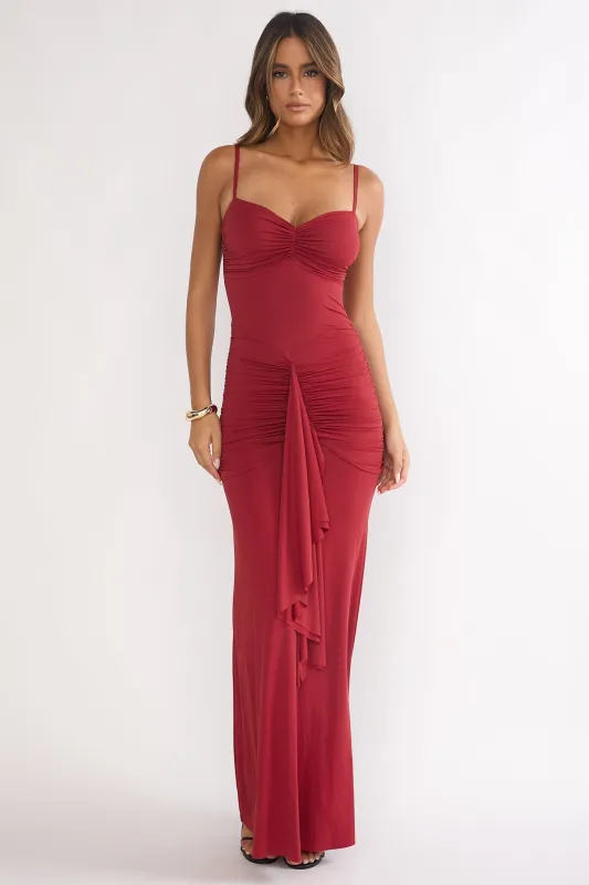 Lunara Ruched Cascade Sash Dress Wine sold by Selfie Leslie