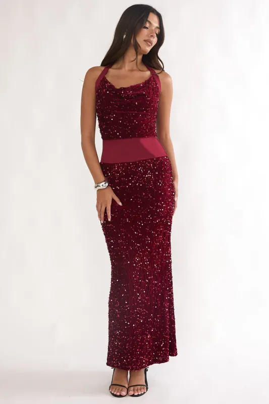 Cabernet Halter Maxi Dress Sequin Wine sold by Selfie Leslie