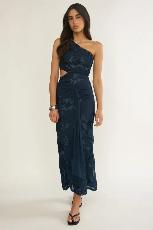 Luli One-Shoulder Cut-Out Maxi Dress Textured Navy sold by Selfie Leslie