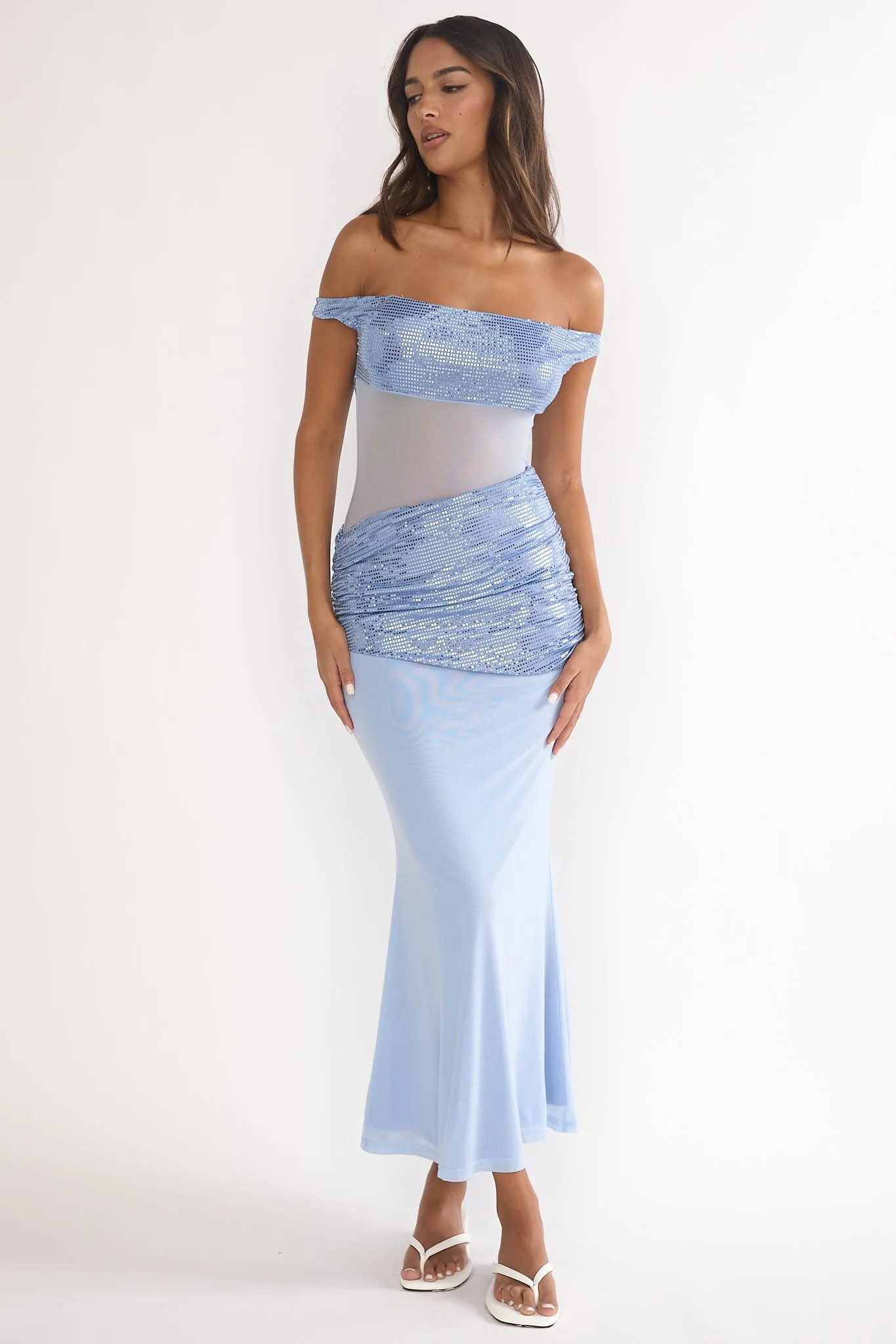 Bellora Off-Shoulder Sequin Trim Maxi Dress Blue sold by Selfie Leslie