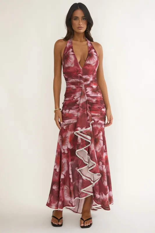 Kamilah Ruched Ruffle Maxi Dress Floral Red sold by Selfie Leslie