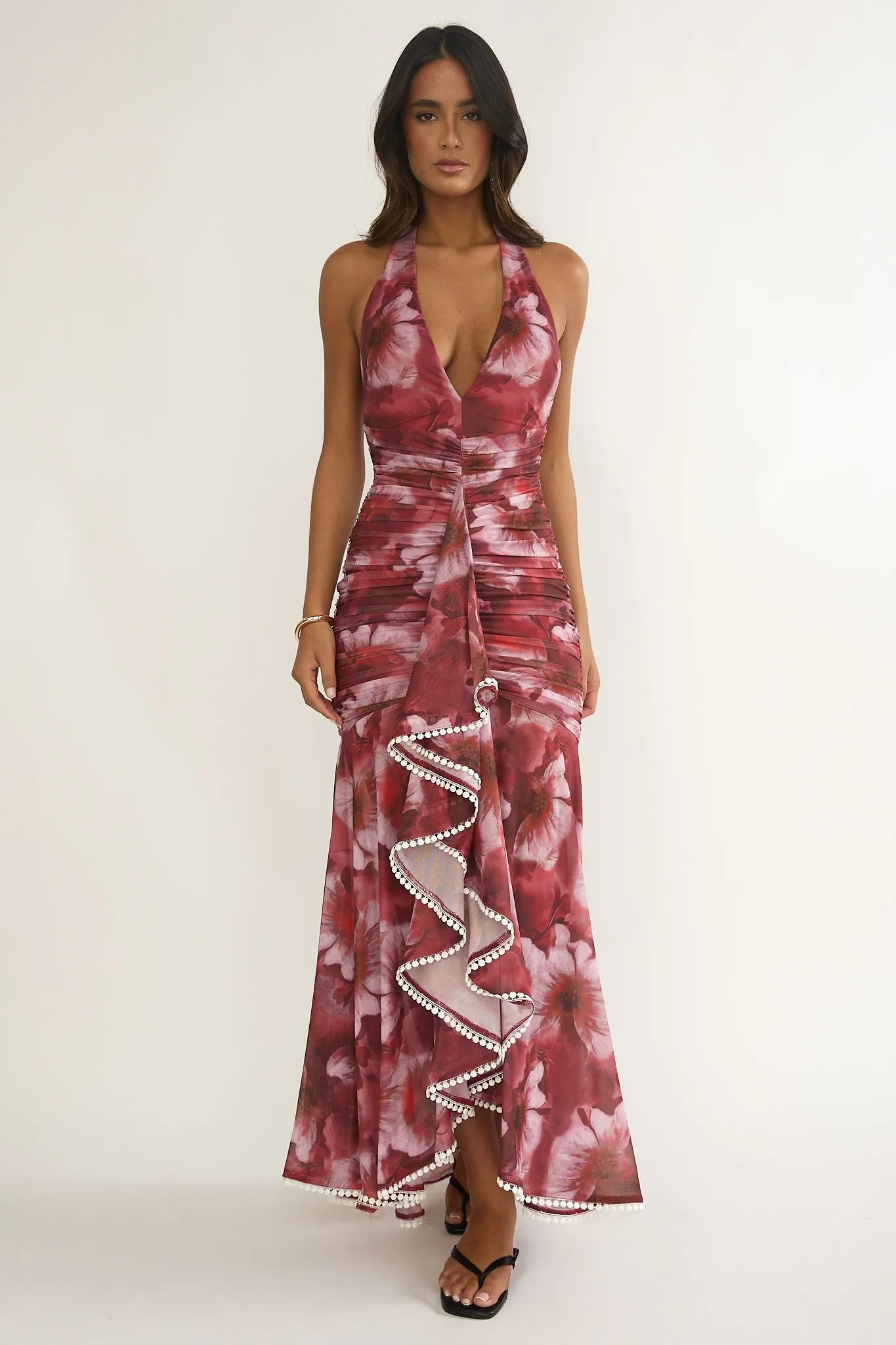 Kamilah Ruched Ruffle Maxi Dress Floral Red sold by Selfie Leslie product image thumbnail 4