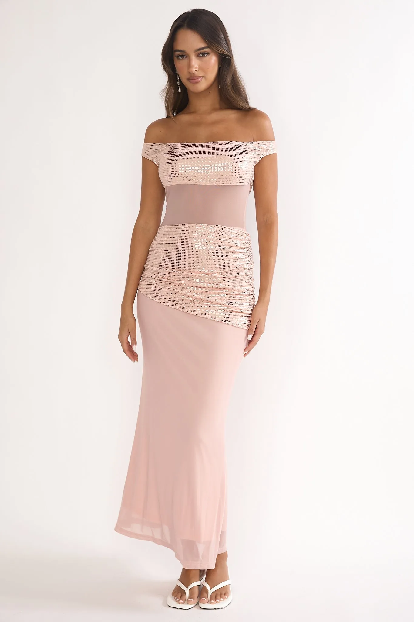 Bellora Off-Shoulder Sequin Trim Maxi Dress Nude sold by Selfie Leslie product image thumbnail 5