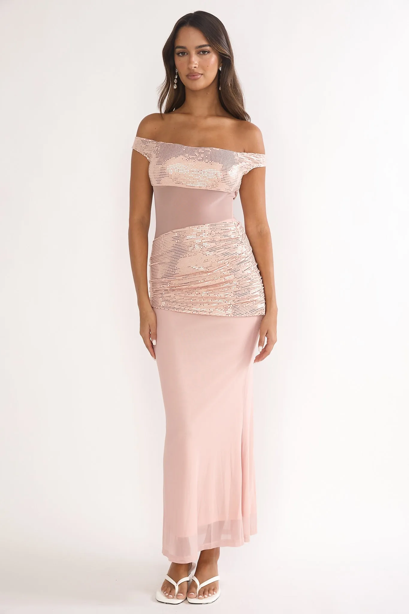 Bellora Off-Shoulder Sequin Trim Maxi Dress Nude sold by Selfie Leslie product image thumbnail 4