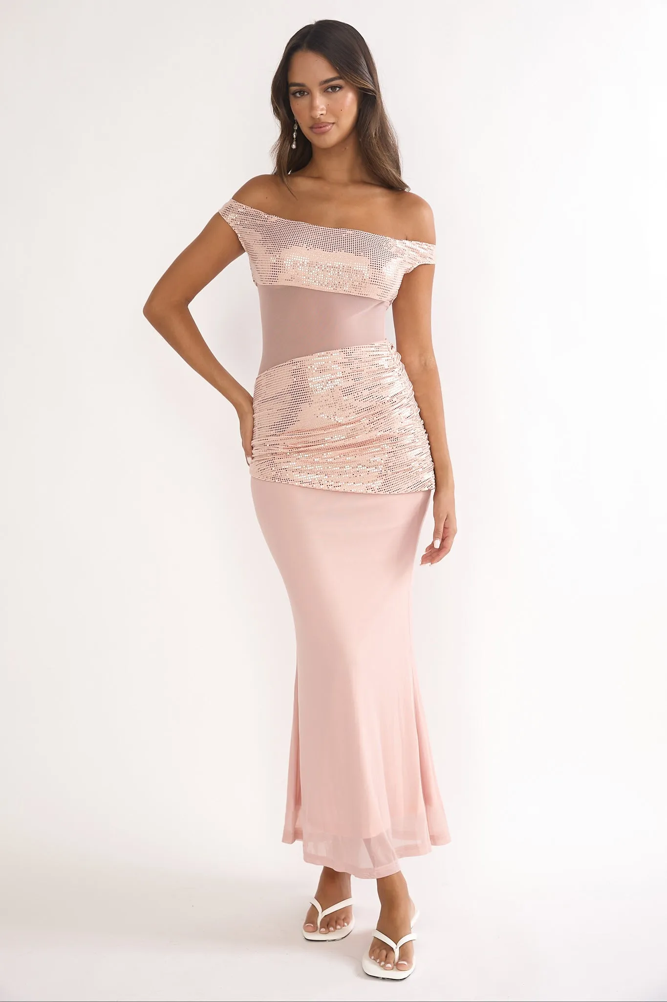 Bellora Off-Shoulder Sequin Trim Maxi Dress Nude sold by Selfie Leslie