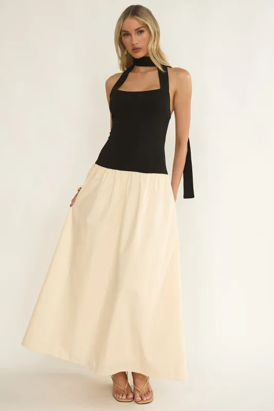 Elery Drop Waist Halter Maxi Dress Black/Cream sold by Selfie Leslie