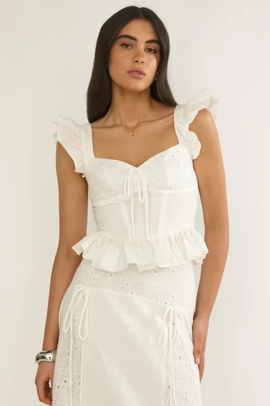 Danette Frill Trim Embroidery Top White sold by Selfie Leslie