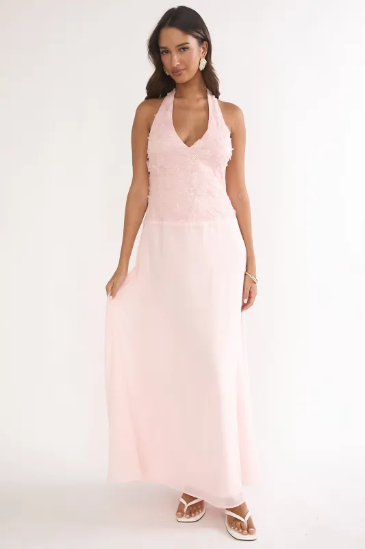Blushing Belle Embellished Halter Maxi Dress Blush sold by Selfie Leslie