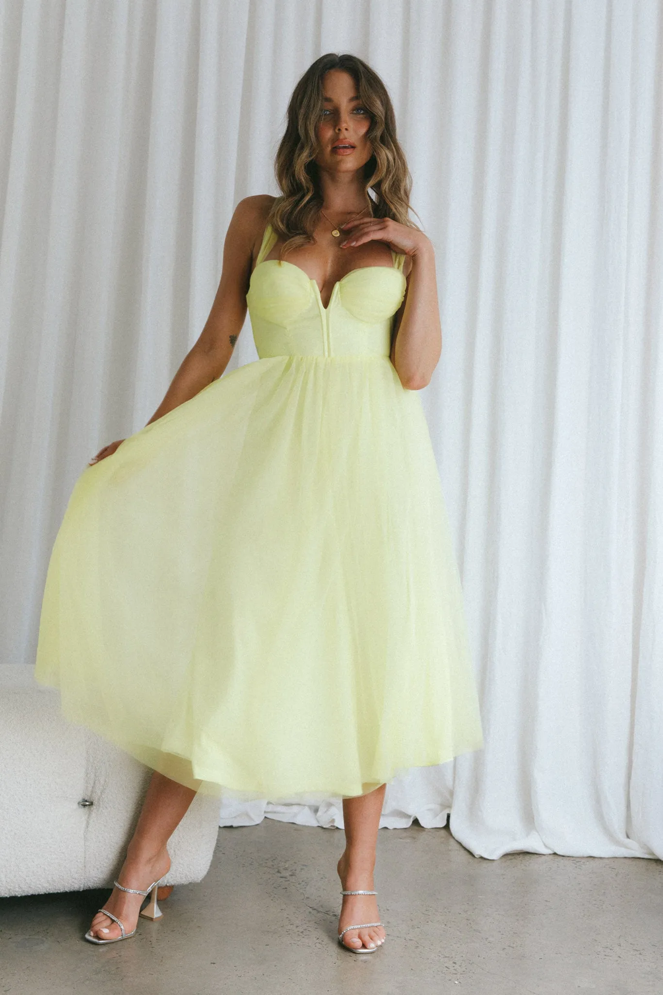 Surreal Lace-Up Back Tulle Midi Dress Lemon sold by Selfie Leslie product image thumbnail 3