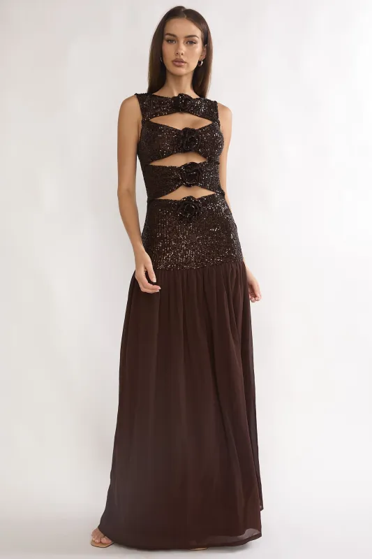 Dioris Rosette Cut-Out Sequin Maxi Dress Sequin Choco sold by Selfie Leslie