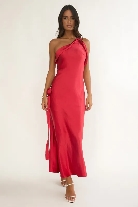 Star Fall One-Shoulder Rosette Maxi Dress Red sold by Selfie Leslie