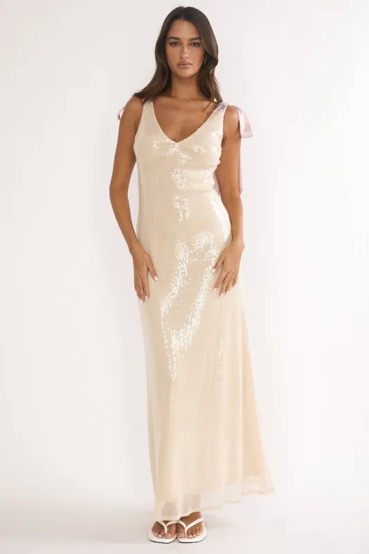 Bellamira Bow Shoulder Maxi Dress Sequin Champagne sold by Selfie Leslie