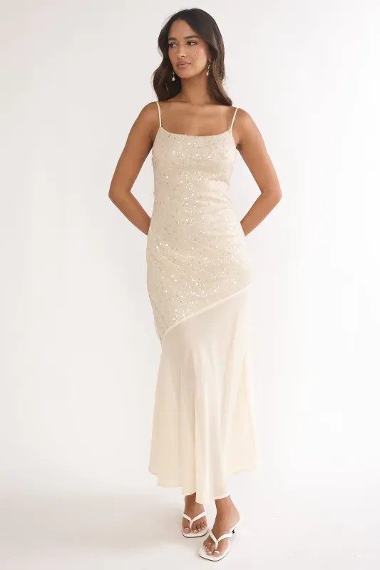 Gilded Dream Chiffon Hem Maxi Dress Sequin Oyster sold by Selfie Leslie