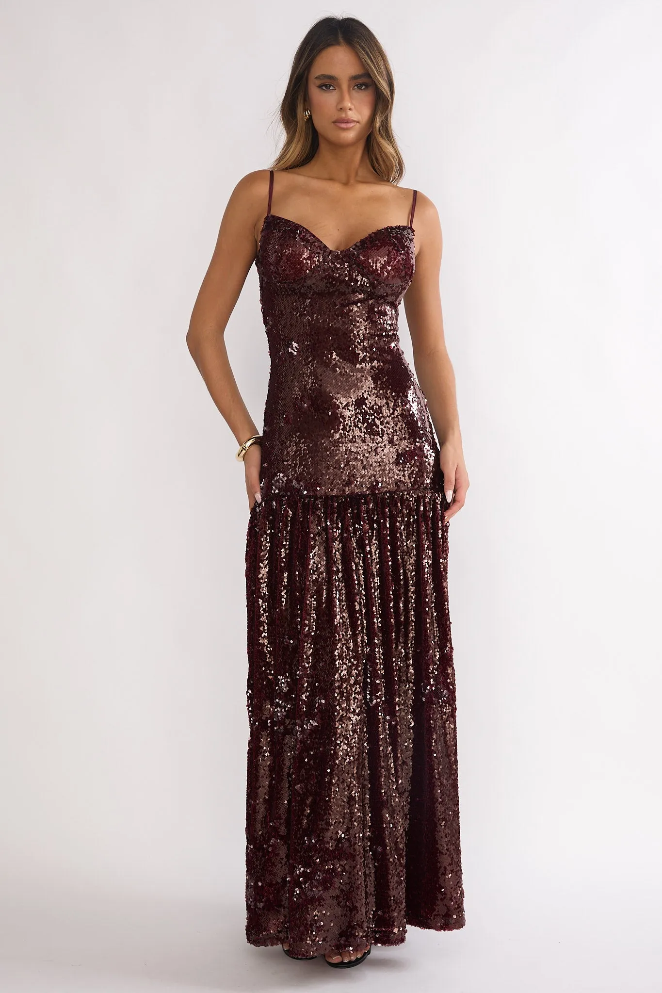 Miller Drop Waist Sequin Maxi Dress Burgundy sold by Selfie Leslie