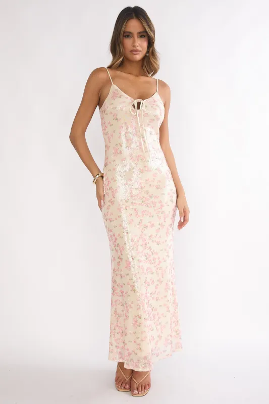 Marielle Bust Tie Sequin Maxi Dress Floral Pink Sage sold by Selfie Leslie