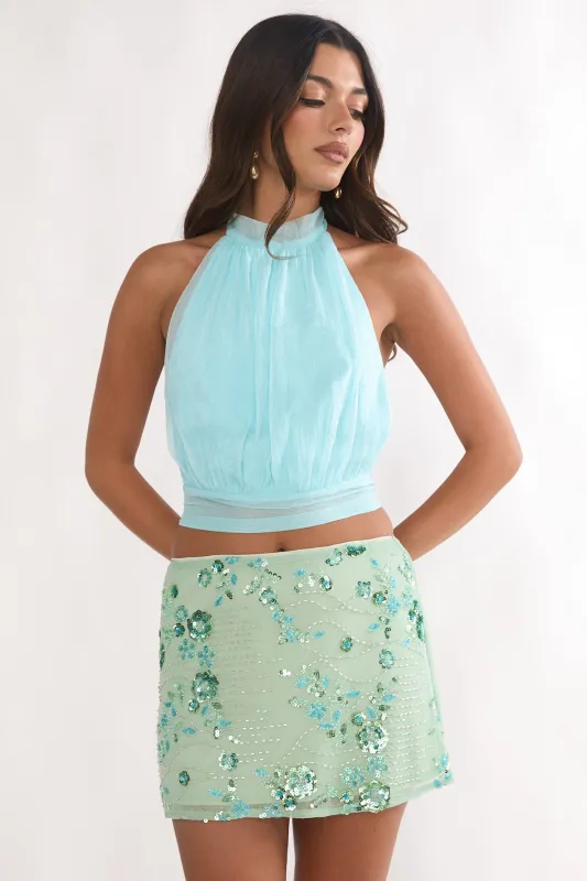 Avelyn Sequin Mini Skirt Floral Mint sold by Selfie Leslie