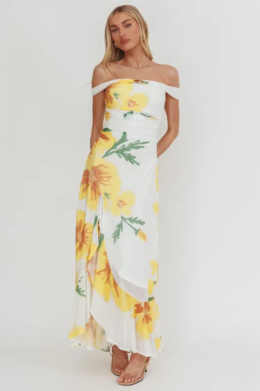 Moonlit Magic Off-Shoulder Split Maxi Dress Flower Yellow sold by Selfie Leslie