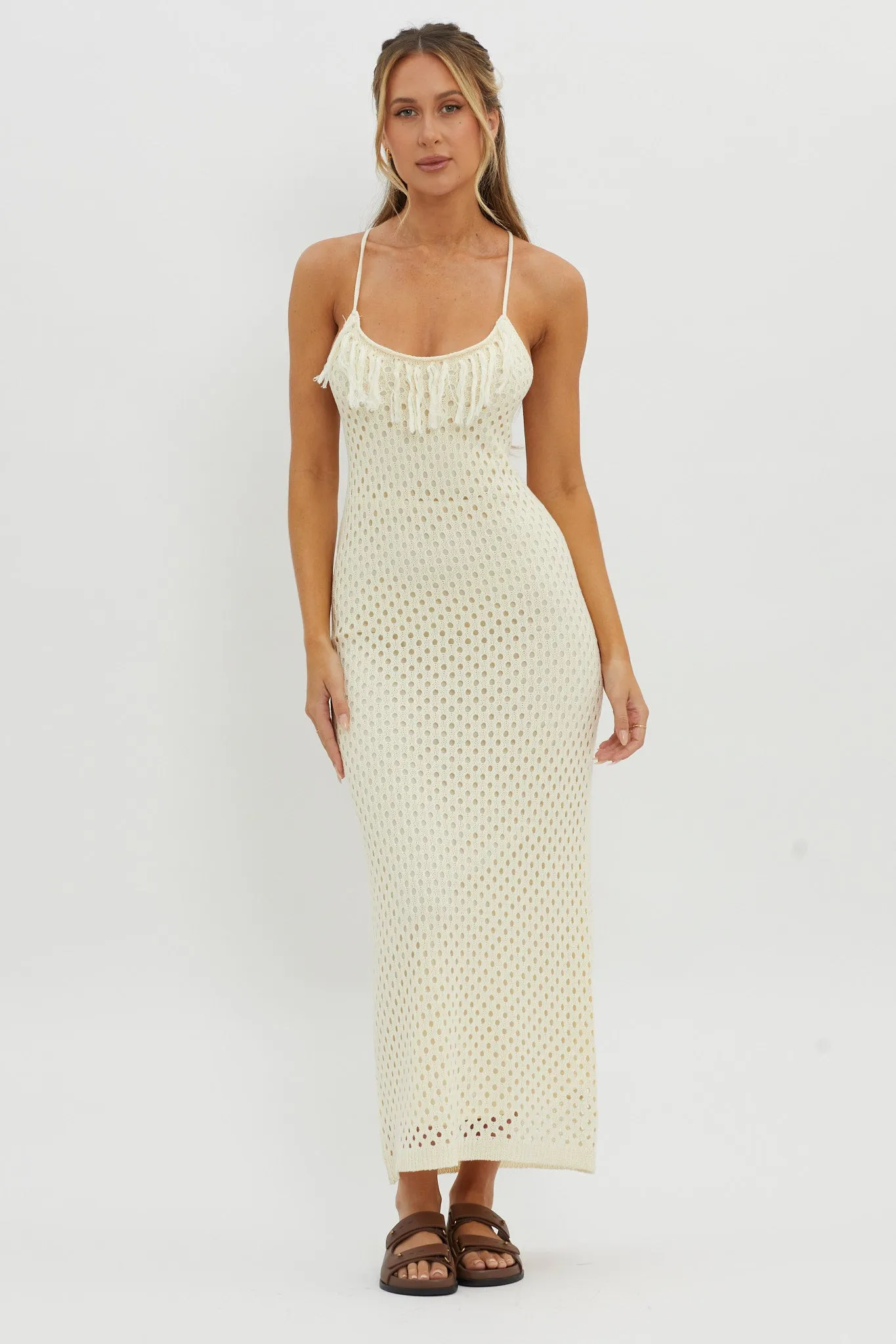 Kesha Open Back Crochet Maxi Dress Cream sold by Selfie Leslie