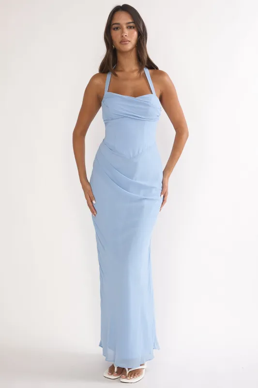 Rovelle Halterneck Pleat Waist Maxi Dress Sky Blue sold by Selfie Leslie