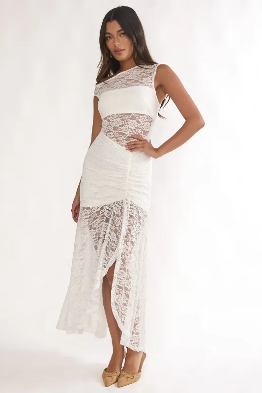 Moonlit Magic Asymmetric Neckline Lace Maxi Dress White sold by Selfie Leslie