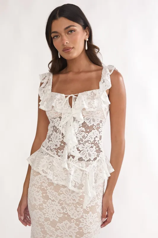 Kelina Ruffle Trim Lace Top White sold by Selfie Leslie