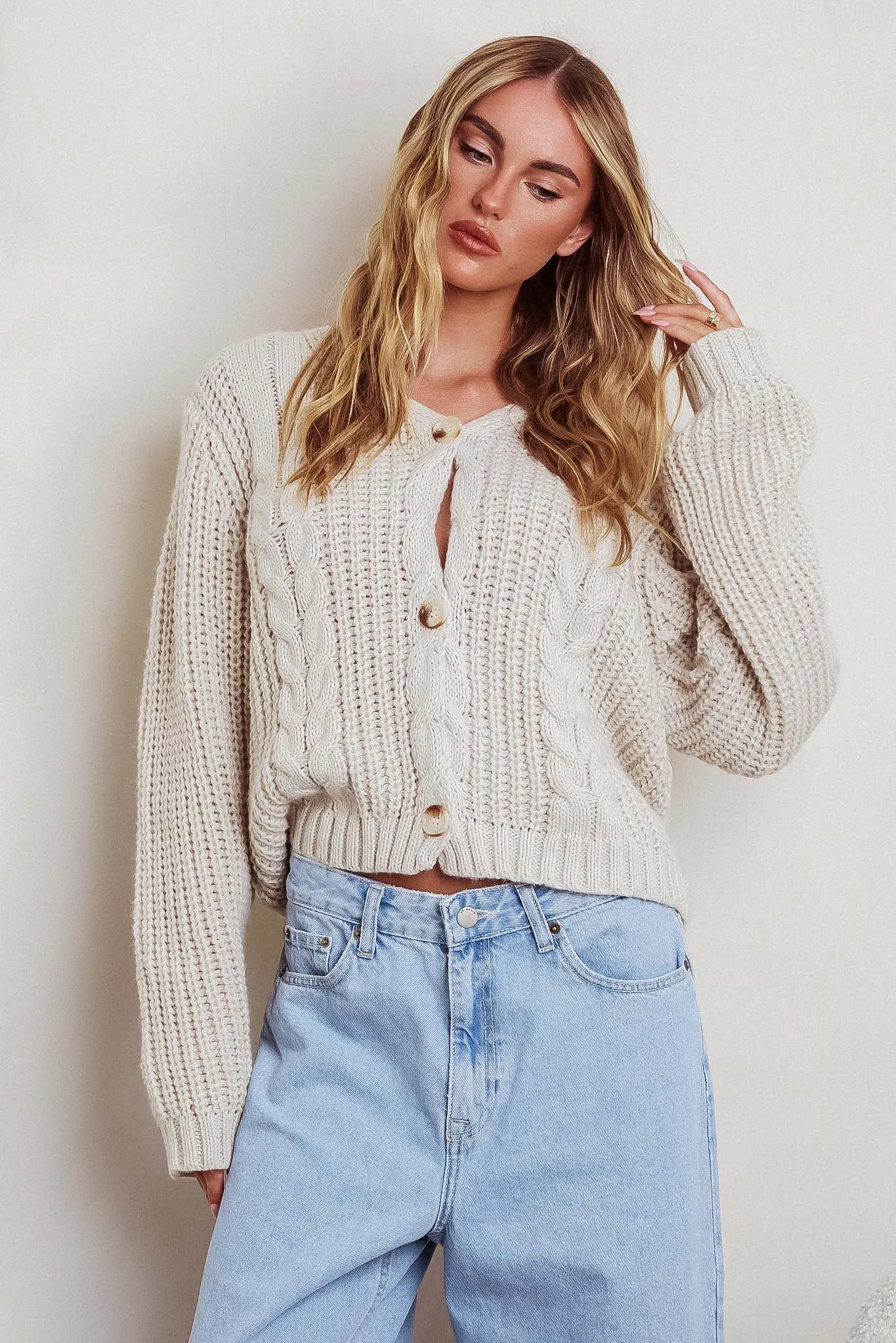 Prime Time Cable Knit Cardigan Oat sold by Selfie Leslie product image thumbnail 5