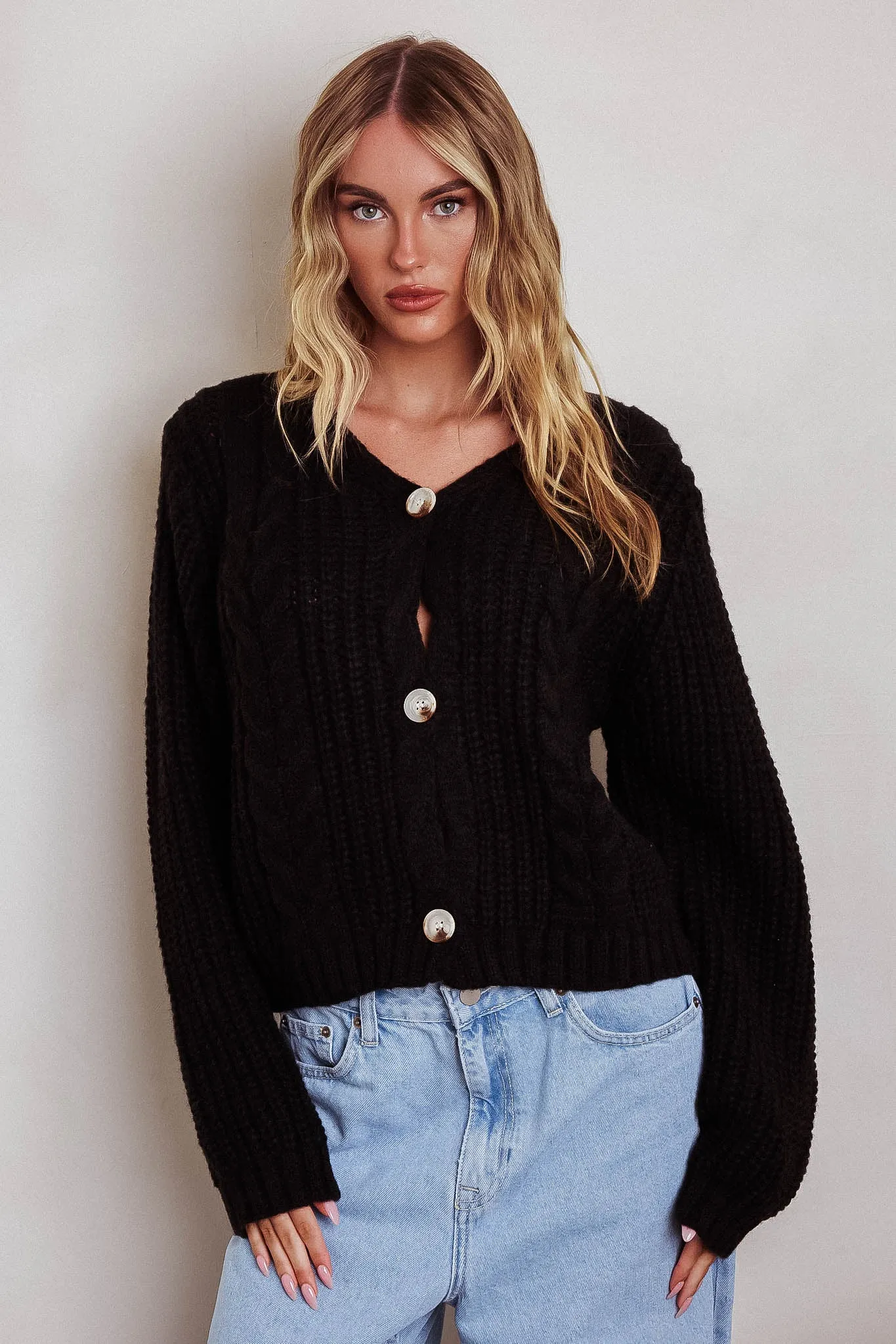 Prime Time Cable Knit Cardigan Black sold by Selfie Leslie
