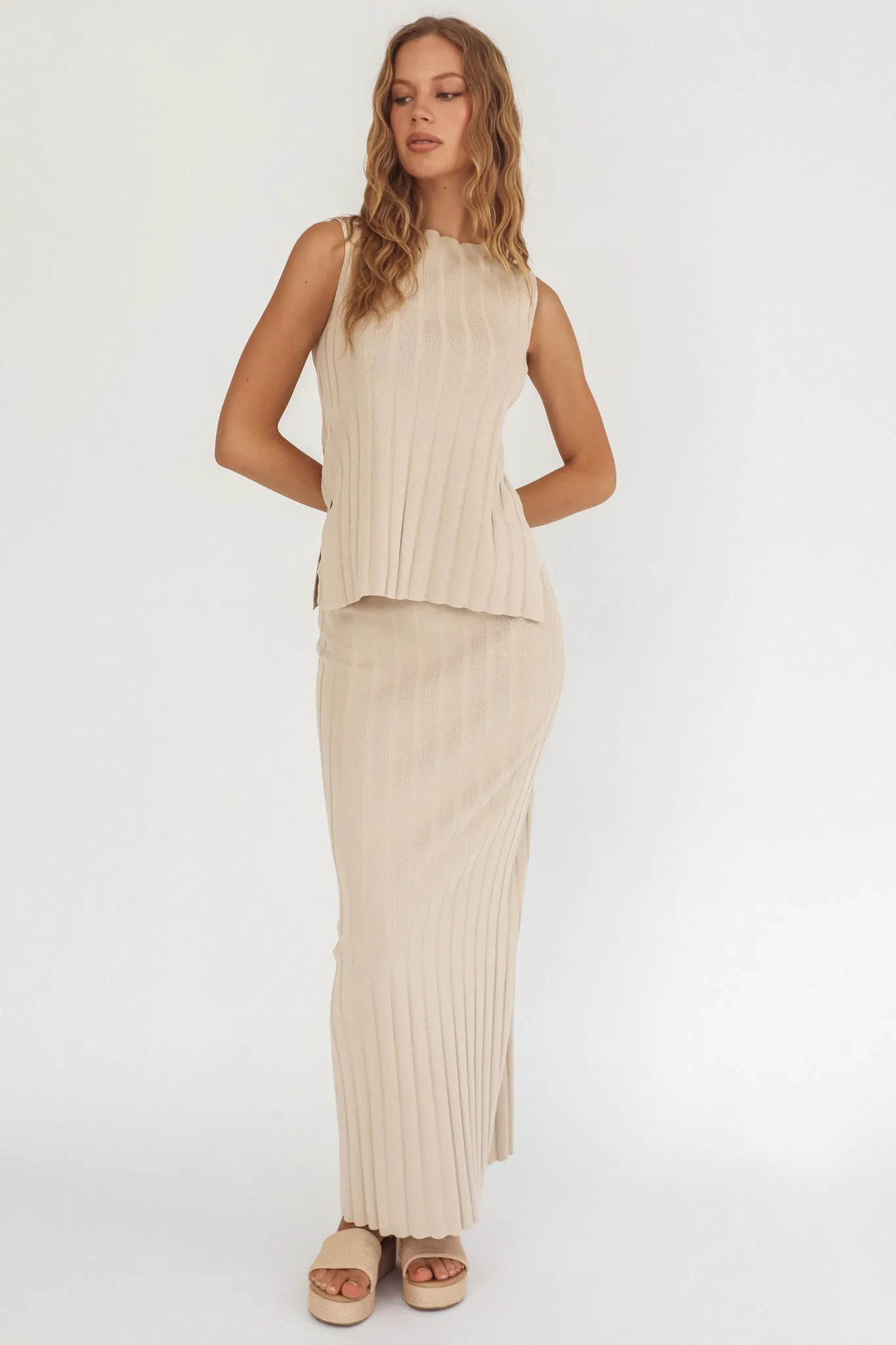 Kimora Ribbed Knit Maxi Skirt Sand sold by Selfie Leslie
