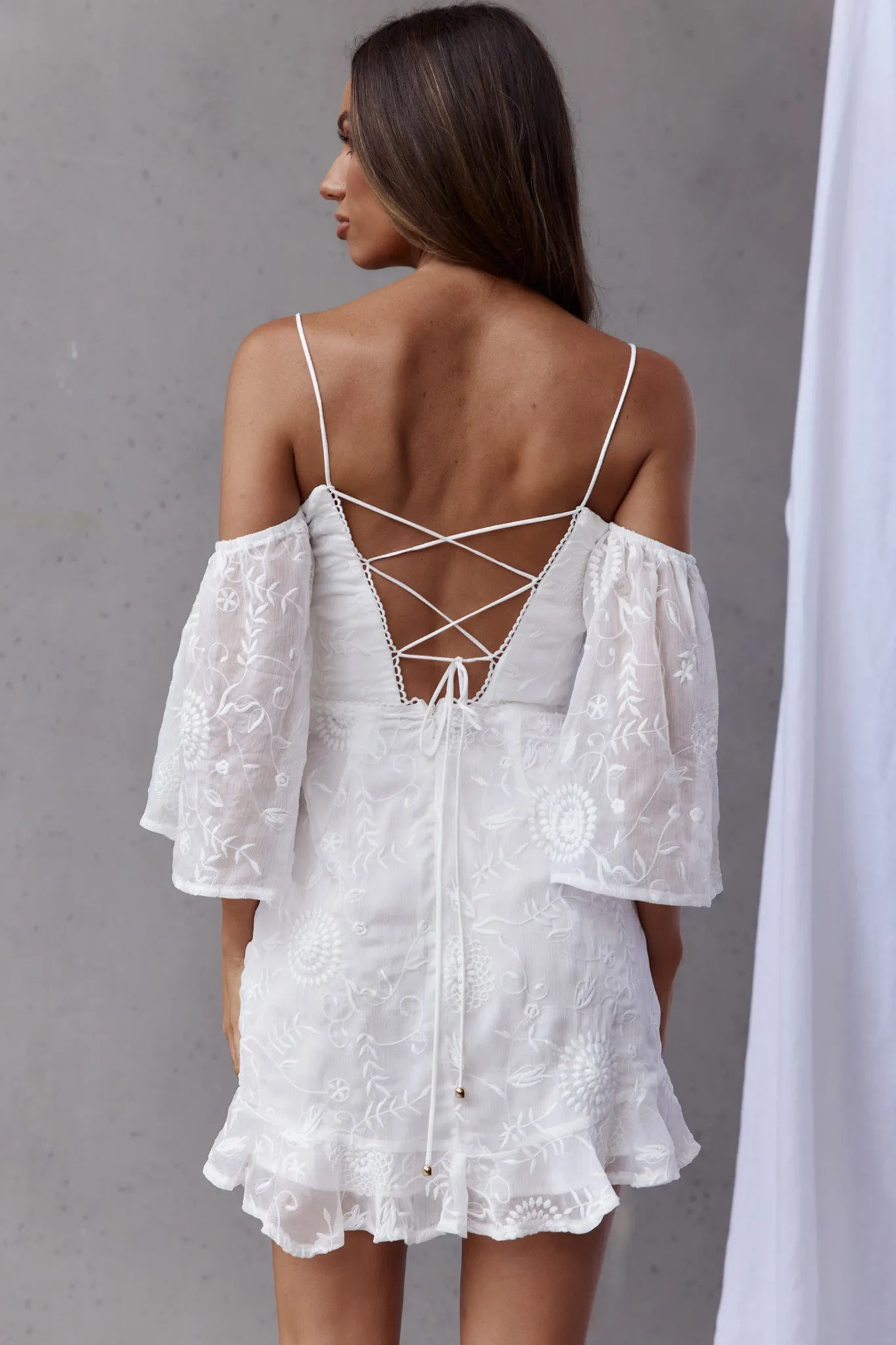 Koda Bell Sleeve Lace-Up Back Mini Dress White sold by Selfie Leslie product image thumbnail 2