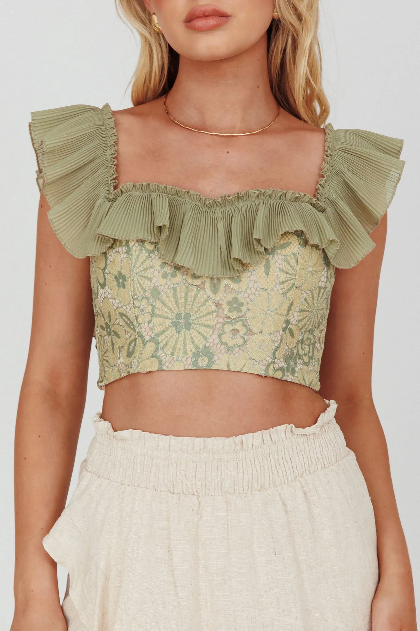 Dreamy On Or Off-Shoulder Frill Crop Top Beige/Olive sold by Selfie Leslie product image thumbnail 4