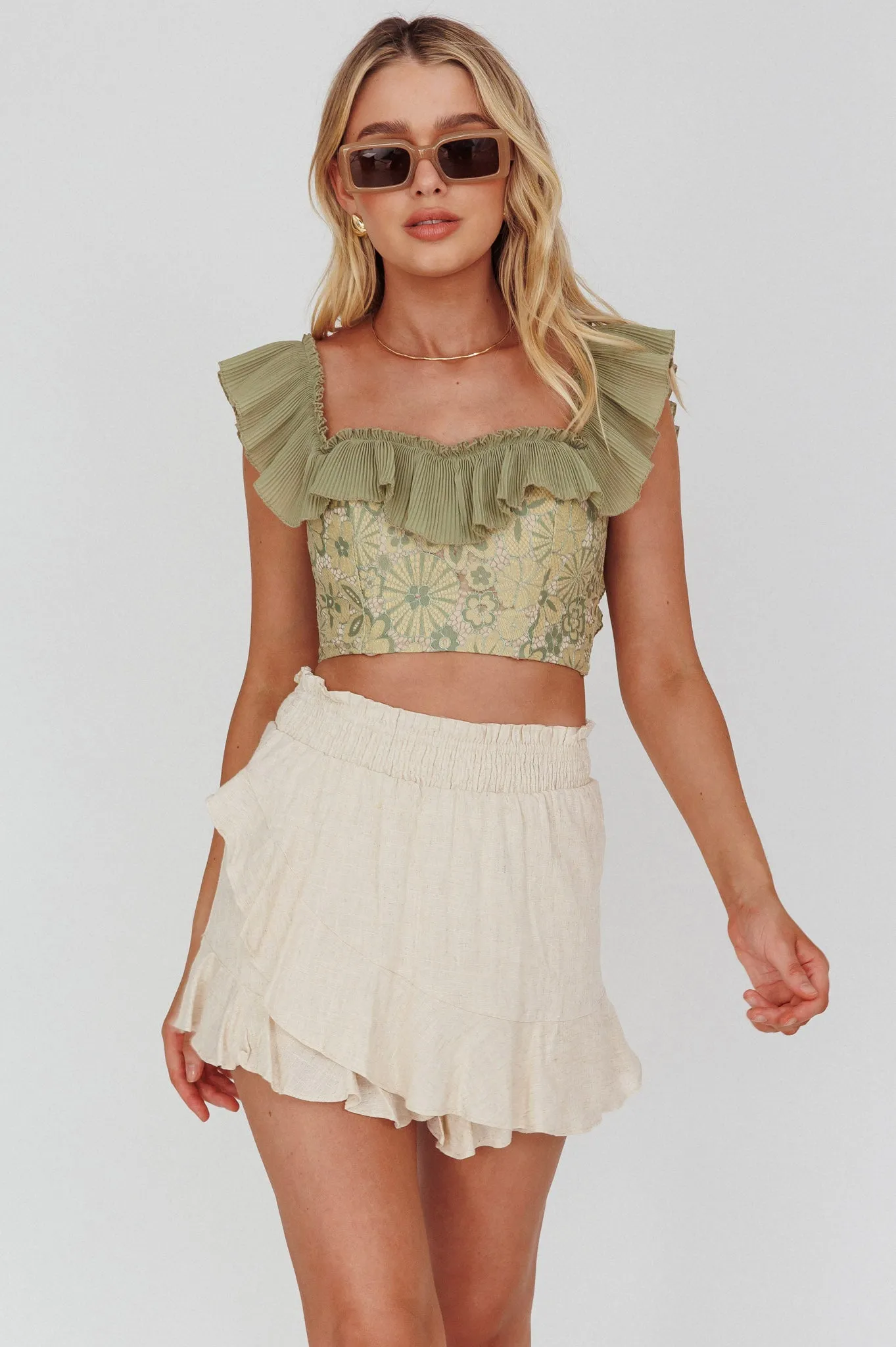 Dreamy On Or Off-Shoulder Frill Crop Top Beige/Olive sold by Selfie Leslie product image thumbnail 5