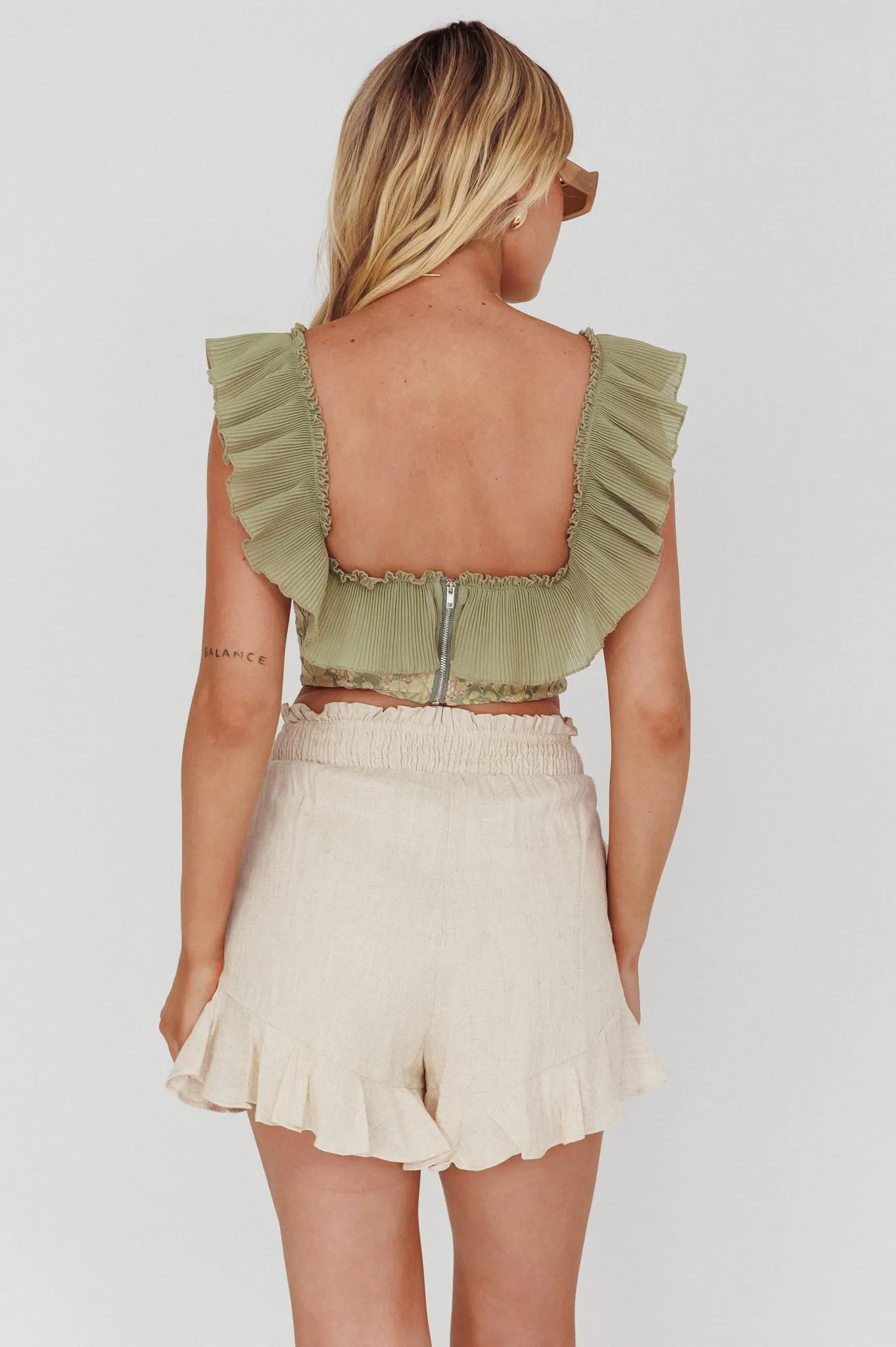 Dreamy On Or Off-Shoulder Frill Crop Top Beige/Olive sold by Selfie Leslie product image thumbnail 2