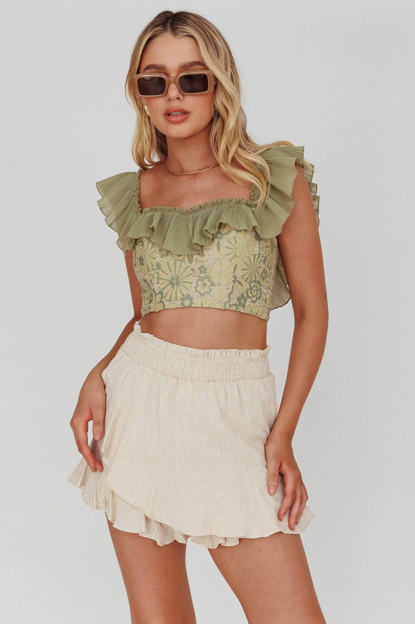 Dreamy On Or Off-Shoulder Frill Crop Top Beige/Olive sold by Selfie Leslie