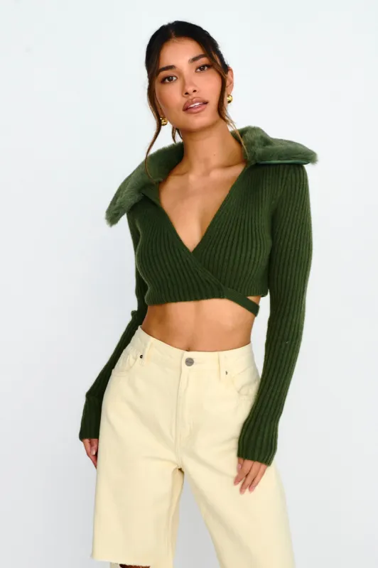 Hollyoak Fur Collar Knit Crop Top Dark Olive sold by Selfie Leslie