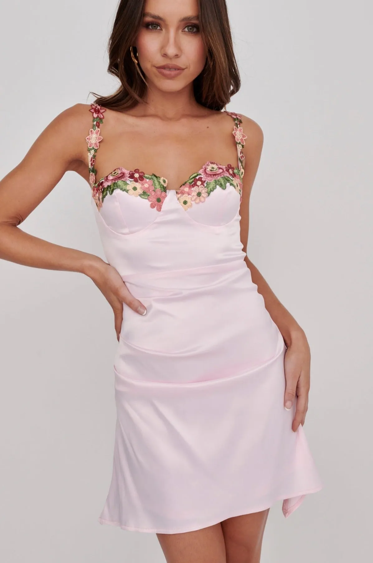 Rose Garden Floral Applique Pleat Mini Dress Pink sold by Selfie Leslie